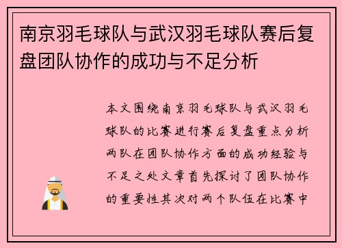 南京羽毛球队与武汉羽毛球队赛后复盘团队协作的成功与不足分析